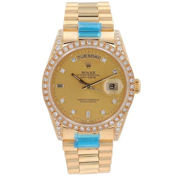 Rolex Day-Date 18238 36mm Champagne 8+2 Baguette Diamond Dial Diamond Pave Bezel - Picture 1 of 9